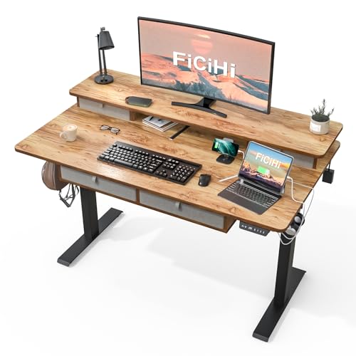 FiCiHi 48x30Inch Standing Desk with Drawers,Electric Height Adjustable Desk | Computer Sit Stand Desk,Large Workspace, 30 Inch Deep Home Office Desk with Monitor Stand, USB Charging Port,Cable Management - color: Light Rustic, size: 48*30inch