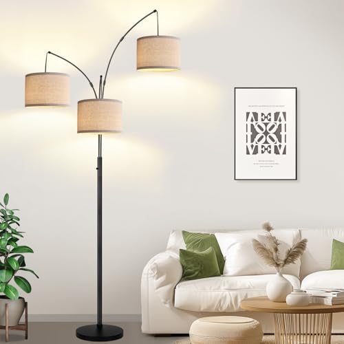 Dimmable Floor Lamp, 3 Lights Black Arc Floor Lamp, Modern Tall Standing Tree Lamp with Beige Linen Shades & Heavy Base, 3000LM LED Bulbs, Bright Lighting for Living Room, Bedroom, Office & Reading - color: Matte Black- Beige Linen Shade