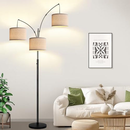Dimmable Floor Lamp, 3 Lights Black Arc Floor Lamp, Modern Tall Standing Tree Lamp with Beige Linen Shades & Heavy Base, 3000LM LED Bulbs, Bright Lighting for Living Room, Bedroom, Office & Reading - color: Matte Black- Beige Linen Shade