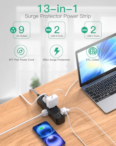 Black Extension Cord, Surge Protector Power Strip, Long Power Strip with 9 Outlets 4 USB Ports, Extension Cord with Multiple Outlets, USB Power Strip for Dorm Room Essentials, College(5FT, Black) - color: Black, size: 5FT