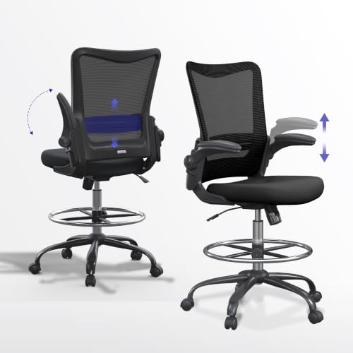 Drafting Chair Tall Office Chair for Standing Desk with Up & Down Flip-Up Armrest, 9” Adjustable Height High Desk Chair with Footrest Ring, 120° Rocking Mesh Ergonomic Chair, 300 lbs