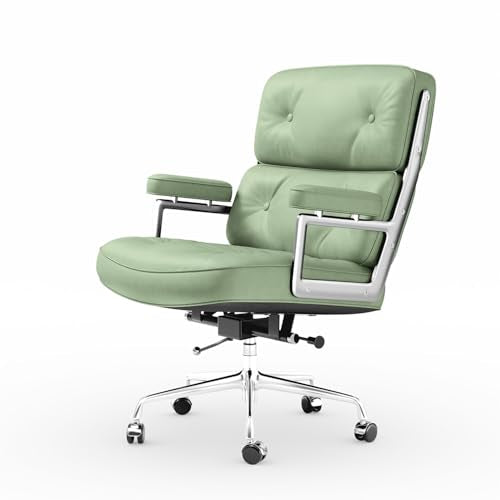 Genuine Leather Office Chair, Mid Back Executive Desk Chairs with Aluminum Arms and Wheels, Swivel Office Leather Chair with Thickened Backrest and Ergonomic Lumbar Support, Light Green - color: Light Green