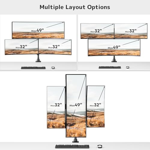 Triple Monitor Mount up to 49 inches, Fully Adjustable Gas Spring Arm | Heavy Duty, Cable Management, Ultrawide/Curved/Flat Monitors, C-Clamp & Grommet Base, Holds 44 lbs,75/100mm VESA, Black - size: Up to 49 Inch