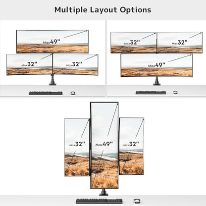 Triple Monitor Mount up to 49 inches, Fully Adjustable Gas Spring Arm | Heavy Duty, Cable Management, Ultrawide/Curved/Flat Monitors, C-Clamp & Grommet Base, Holds 44 lbs,75/100mm VESA, Black - size: Up to 49 Inch