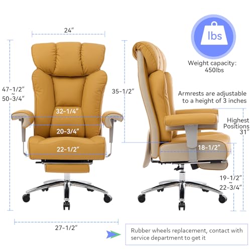 Efomao Big and Tall Green Office Chair 450LBS – Ergonomic High-Back Executive Chair with Footrest, Adjustable Padded Armrests, PU Leather Computer Chair with Lumbar Support for Home or Office, Yellow - color: 3060-yellow