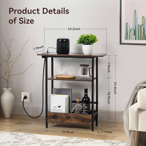 Narrow End Table with USB-C Charging Station, 3-Tier Slim Side Table | Modern Space-Saving Small End Table with Charging Station, Storage Shelves for Couch, Bedroom, Living Room, Small Spaces