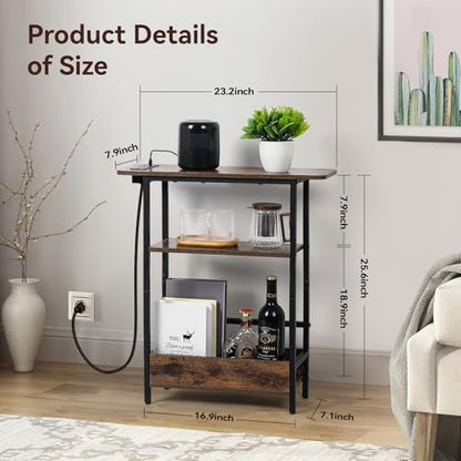 Narrow End Table with USB-C Charging Station, 3-Tier Slim Side Table | Modern Space-Saving Small End Table with Charging Station, Storage Shelves for Couch, Bedroom, Living Room, Small Spaces