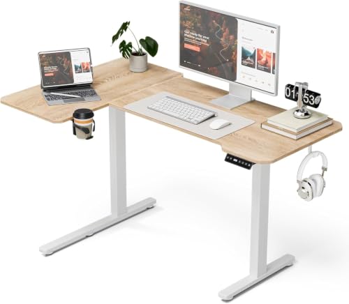 L Shaped Electric Standing Desk - 43x31.5 Inch Reversible Corner Sit Stand Desk with Hook&Cup Holder,Electric Height Adjustable Table,for Small Home Office&Bedroom Computer Desk, Oak - color: Oak, size: L-shaped 43 Inches