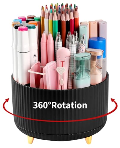 Desk Pencil Pen Holder, 5 Slots 360°Degree Rotating Pen Organizers for Desk, Desktop Storage Stationery Supplies Organizer, Cute Pencil Cup Pot for Office, School, Home, Art Supply, Black - color: Black