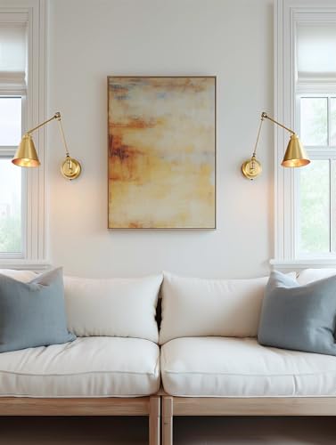 Kira Home Ellis 18" Modern Swing Arm Wall Sconce for Bedroom, 2-Pack | Cone Metal Shades, 2-in-1 Plug In or Hardwired Vintage Library Style Gold Wall Lamp, Warm Brass Finish