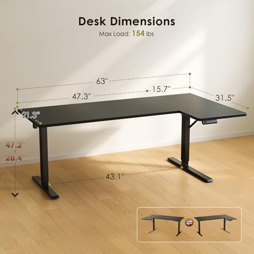 OffiGo 63" Reversible L Shaped Electric Standing Desk, Carbon Fiber Black - color: Carbon Fiber Black, size: 63 Inch