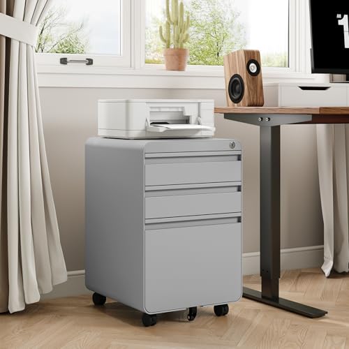 Dripex 3 Drawer Metal Rolling File Cabinet Under Desk Filing Cabinet Grey - color: Grey
