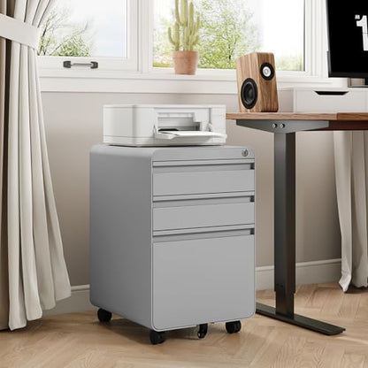 Dripex 3 Drawer Metal Rolling File Cabinet Under Desk Filing Cabinet Grey - color: Grey