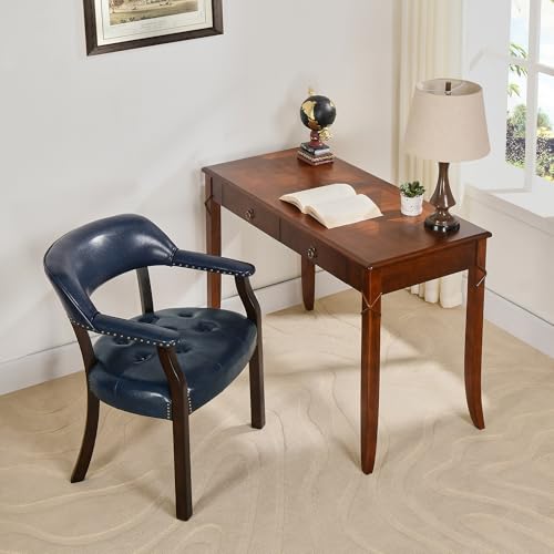 LEEMTORIG Faux Leather Dining Chair with Arms, Solid Wood Dining Chair with Supportive Back, Boss Caption's Chairs Office Desk Chairs, Espresso Legs & Blue PU CY-NX173-318LB - color: Espresso Legs & Blue Pu, size: Set of 1