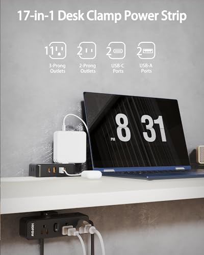HOPOW 6 Ft Surge Protector Power Strip & Dual Layer Desk Clamp Power Strip with USB C for Home Office Dorm, Black
