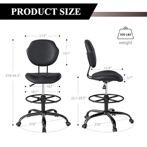 Drafting Chair with Back Support, Tall Desk Rolling Stool (Black, Set of 2) | Armless High Faux Leather Office Chair with Footrest Ring, Height Adjustable, Suitable for Standing Desk, Workbench, Studios - size: 2PK