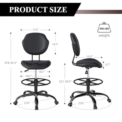Drafting Chair with Back Support, Tall Desk Rolling Stool (Black, Set of 2) | Armless High Faux Leather Office Chair with Footrest Ring, Height Adjustable, Suitable for Standing Desk, Workbench, Studios - size: 2PK