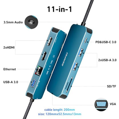 BENFEI 11-in-1 USB C Hub Triple Display Docking Station Dual HDMI, VGA - color: Blue, size: 11-in-1