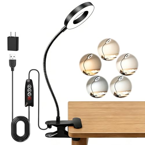 Akynite Desk Lamp Clip on Light, 48 LED Clamp Lamp, 5 Color 10 Brightness