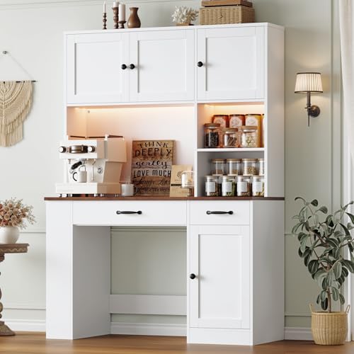 Keyluv 71" Tall Computer Desk with Hutch Cabinet, Home Office Desk with Storage Drawers Shelves and Side Rack, Wood Executive Desk with Doors, Outlet Station and Smart LED Lights, White - color: White