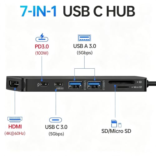 USB C Hub HDMI Adapter for MacBook Pro/Air, 7 in 1 USBC Dongle with HDMI, microSD/SD Card Reader, USB C Data Port,100W PD, and 2 USB 3.0 Compatible for MacBook Pro/Air, Lenovo Thinkpad.(Black) - color: Dark Black