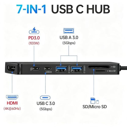 USB C Hub HDMI Adapter for MacBook Pro/Air, 7 in 1 USBC Dongle with HDMI, microSD/SD Card Reader, USB C Data Port,100W PD, and 2 USB 3.0 Compatible for MacBook Pro/Air, Lenovo Thinkpad.(Black) - color: Dark Black