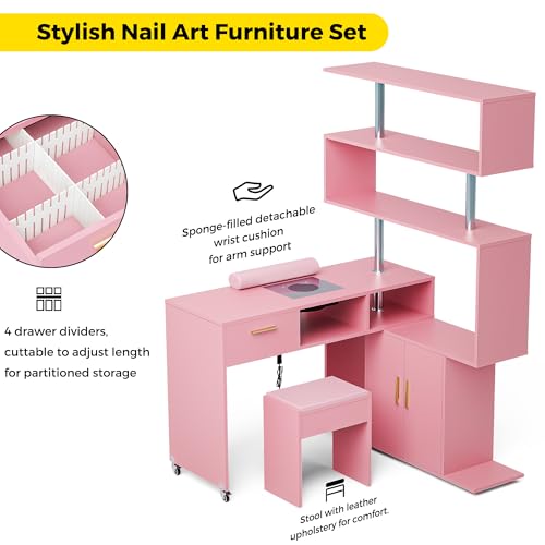 Kikihouse Manicure Table Nail Desk with Stool, L-Shaped Nail Tech Desk with Dust Collector, Two-Way Drawer, Cabinet & Storage Shelves, Rotating Reversible Manicure Workstation on Wheels (Pink) - color: Pink
