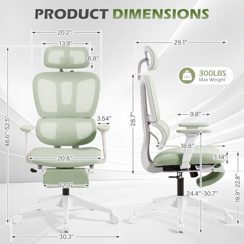 Ergonomic Office Chair with Footrest and Dynamic Lumbar Support, Green | Reclining high-back computer chair, memory foam seat, 2D armrests, 2D headrest, mesh desk chair for home office, long hours - color: Green