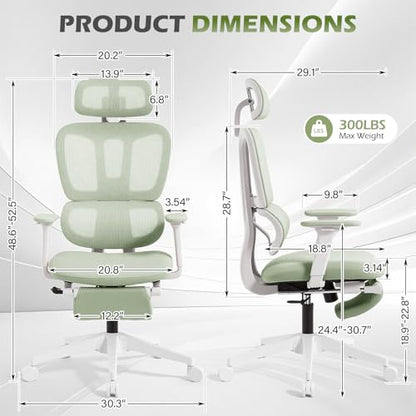 Ergonomic Office Chair with Footrest and Dynamic Lumbar Support, Green | Reclining high-back computer chair, memory foam seat, 2D armrests, 2D headrest, mesh desk chair for home office, long hours - color: Green