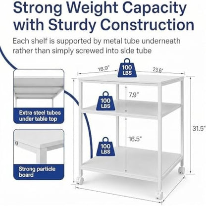 31.5" Heavy Duty Large Printer Stand with Adjustable Storage Shelf, White - color: White, size: 3-Tier