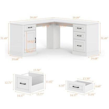 Vabches Farmhouse 59" L-Shaped Executive Desk with Drawers, Cream White - color: Cream White