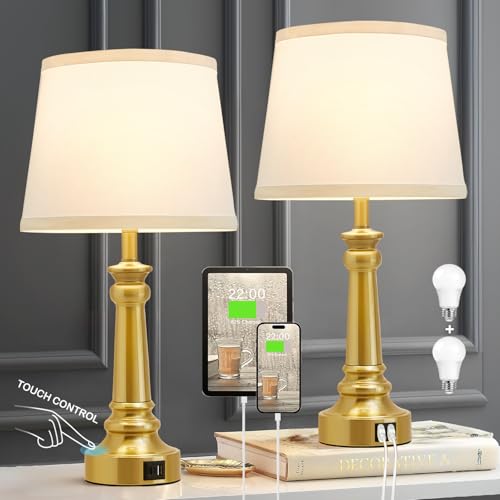 EJIAXIN Touch Lamps for Nightstand Set of 2 - Gold Table Lamp for Bedroom Dimmable Bedside Lamps with USB C+A Ports - Lamps for Night Stands Living Room End Table,2 LED Bulbs Included - color: Gold