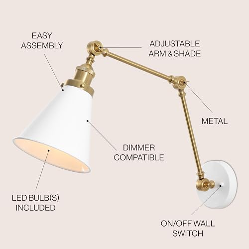 JONATHAN Y Rover 1-Light Wall Sconce 7", White/Brass Gold | Adjustable Arm, Hardwired Bedside Reading Swing Arm, Farmhouse Cone Shade, Metal Hardwired Indoor Fixture, LED Bulbs Included - color: White/Brass Gold, size: Set of 1