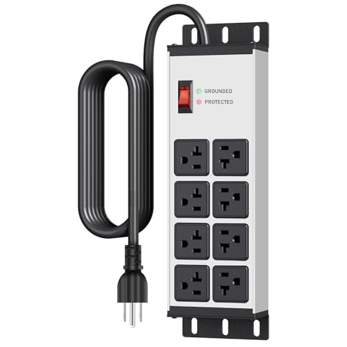 JUNNUJ Heavy Duty Surge Protector, 12 Gauge Extension Cord, Silver, 6 FT | Metal Wall Mount 8 Outlets Power Strip, High Amp Outlet Extender for Garage Industrial Shop, 4800J - color: Silver, size: 6 ft