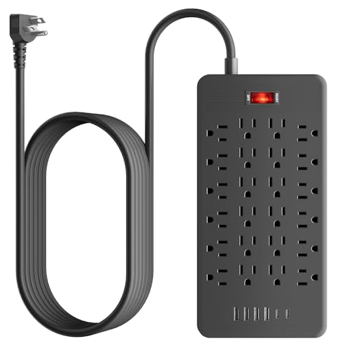 24 Outlets Surge Protector Power Strip - 10 Feet Flat Plug Extension Cord with 24 Widely Outlets and 4 USB Ports, 2 USB C Ports,Portable Outlet Extender, Wall Mountable for Home Office Dorm Room,Black - color: Black, size: 10FT