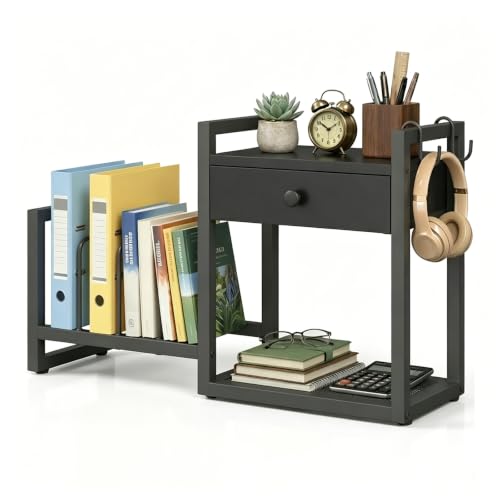 MAHANCRIS Desktop Shelf Organizer, 2-Tier Wooden Desk Bookshelf, Small Tabletop Book Shelf with Draw and Hooks, Countertop Storage Rack for Home, Office, Dorm, Black POBK2201 - color: Black