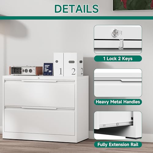 2 Drawer File Cabinet with Lock,Lateral File Cabinet,35.4" W Metal File Cabinets for Home Office,Hanging Files Letter/Legal/F4/A4 Size (White - Assembly Required) - color: White, size: 2 Drawer-Lateral-36"W