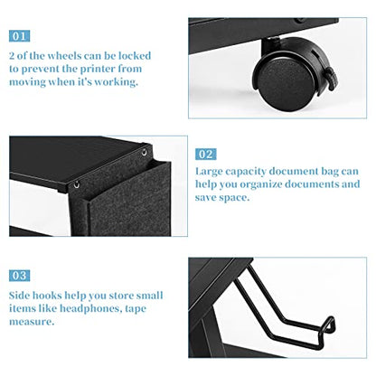 BTY Under Desk Printer Stand Small Printer Table with Storage 2 Tier Printer Cart with Wheels Desktop Printer Stands for Office Home Scanner Printer (Black) - color: Black