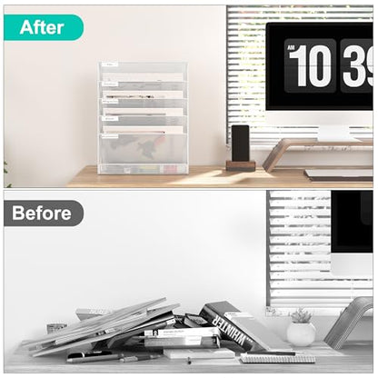 EasyPAG 5 Tier Wall File Holder, Mesh Hanging Folder Organizer with Classify Label, Versatile Desk File Holder, Vertical Wall Mounted Mail Organizer for Office Home Cubicle, White - color: White