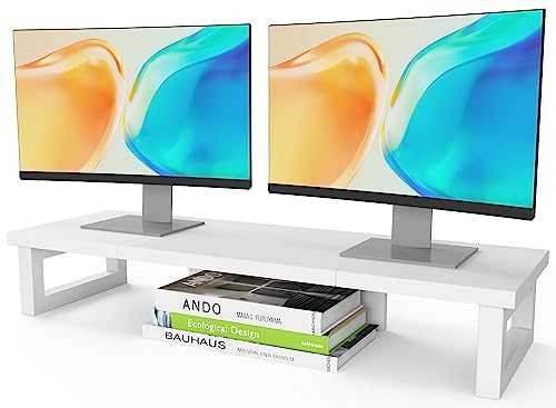 WESTREE Dual Monitor Stand Riser, Wood and Steel Monitor Stand Riser, Computer Monitor Stand for 2 Monitors, Multi-Purpose Desktop Storage Stand for Computer,Laptop,Printer,TV - color: White
