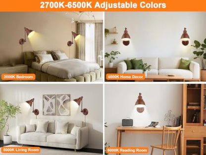 GOODATE 1 Pack Plug in Wall Sconce with Remote Control, Dimming, Adjustable Colors 2700K-6500K, Plug in Wall Light, Swing Arm Wall Lamp with Night Light & Timer, LED Bulb Included, Walnut Finish - size: Walnut-1 PACK(Bulb+Remote)