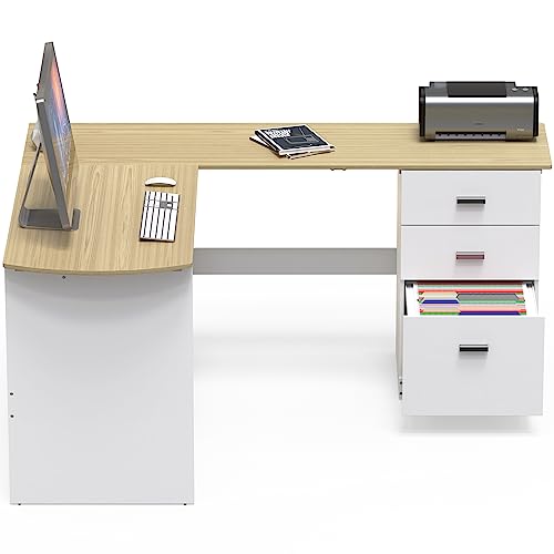 SHW L-Shaped Home Office Wood Corner Desk w/Box Box File Drawers, Oak | 51 x 59 Inches | 2 Pre-installed Grommets - color: Oak