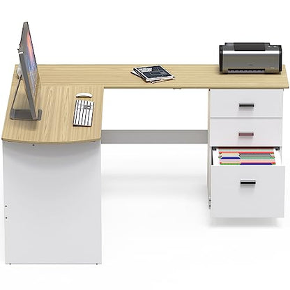 SHW L-Shaped Home Office Wood Corner Desk w/Box Box File Drawers, Oak | 51 x 59 Inches | 2 Pre-installed Grommets - color: Oak