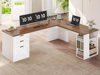 SEDETA 67" Farmhouse Executive L Shaped Desk with 3 Drawers - color: White and Brown, size: L Shaped Desk (67")