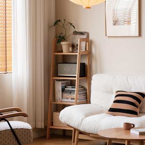 100% Solid Oak 4 Tier Ladder Shelf, Small Bookshelf, Ladder Bookshelf, Bookcase with Stable Frame, Small Table for Living Room Bedroom (Natural,17.32" D x 16.53" W x 53.54" H) - color: Natural Color, size: 4 Tier (17.32" D x 16.53" W x 53.54" H)