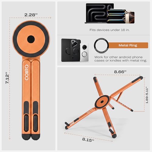 C Coiro 3-in-1 Magnetic Foldable Laptop Stand and Phone Stand for Desk Aluminum Alloy Adjustable Holder 10–16” Laptops & 4–13” Phones/Tablets, Magnetic Compatible with iPhone Android, Orange - color: Orange