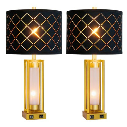 Set of 2 Modern Table Lamps for Living Room Bedroom with USB C+A | Rustic Nightstand Lamps with White Night Light, Black Grid Shade, Desk Lamps for Bedside End Tables, 4 Bulbs Included (Gold) - color: Gold