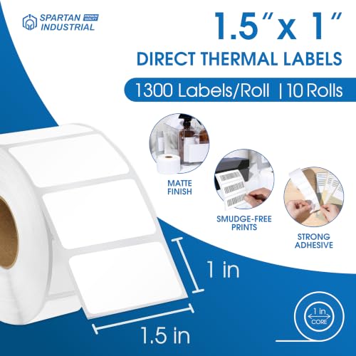 1.5" X 1" Direct Thermal Labels (13000 Count, 10 Rolls) - Barcode Stickers | SKU Labels, and Product Identification - Compatible With Zebra Desktop Printers, NOT Rollo Compatible - Spartan Industrial - size: 1.5" X 1"