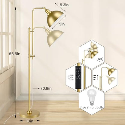 PARTPHONER Industrial Floor Lamp Adjustable, Rustic Farmhouse Reading Lamp in Aged Gold Finish, Modern Standing Lamp with Remote Control Metal Shade for Living Room Bedroom Study Room Office Hotel - color: Gold