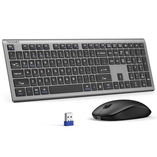 TECKNET 2.4G Rechargeable Ultra-Slim Wireless Keyboard and Mouse Combo | 2.4G Stable Connection, Full-Size Scissor Switch Keyboard with 12 Multimedia Keys, Silent Mouse, Ergonomic Design, Grey - color: Gray